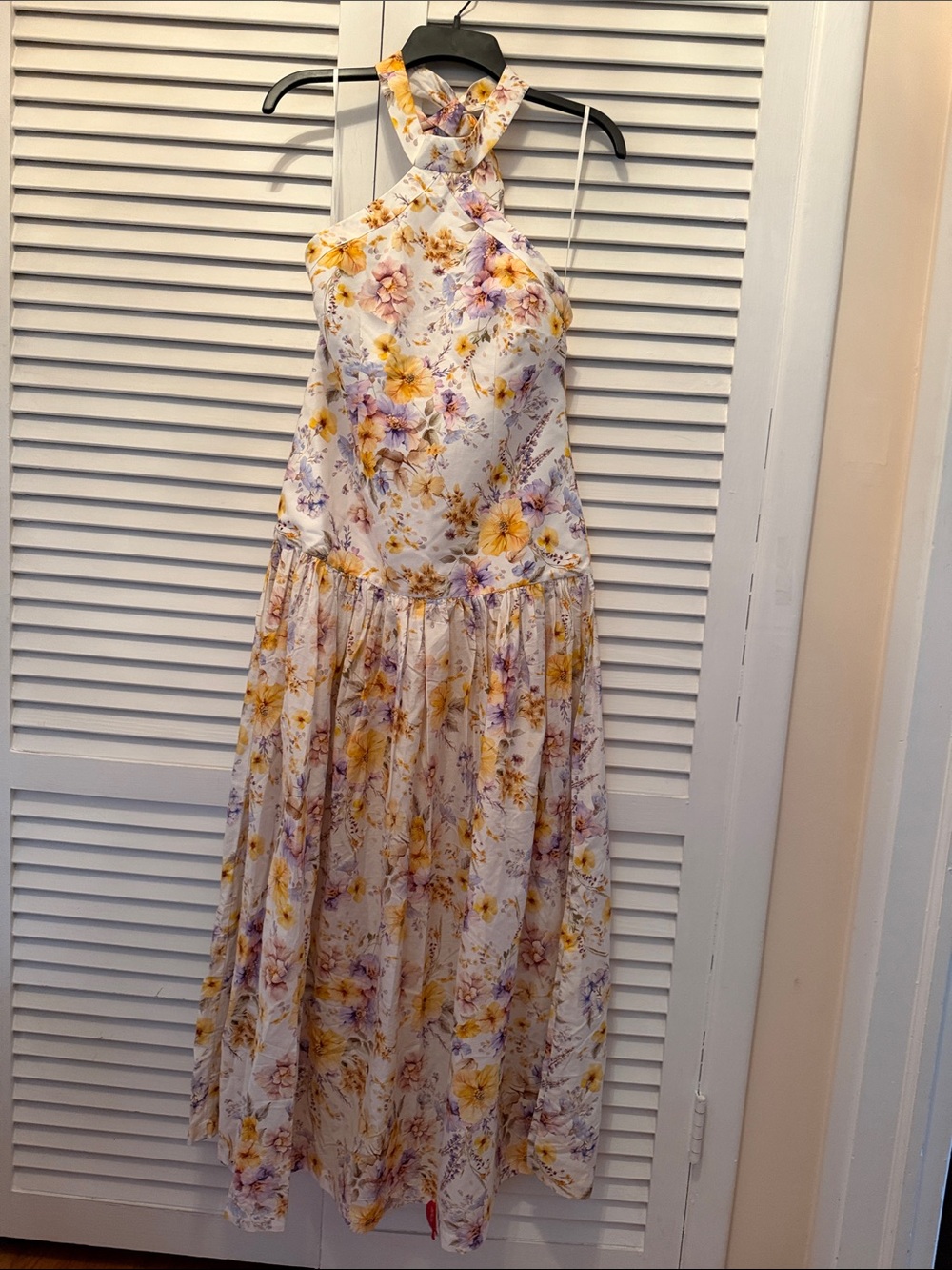 NWT Halter Maxi Dress in White with Yellow Floral Print S